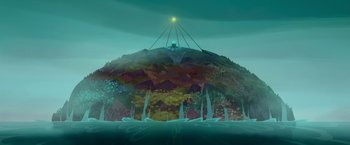 Movie still from “My Father's Dragon” (2022), directed by Nora Twomey – An illustration of a mountain with a light shining on it; Extreme Wide shot, High angle