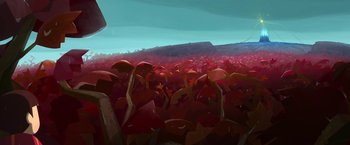 Movie still from “My Father's Dragon” (2022), directed by Nora Twomey – A painting of a field of red plants; Extreme Wide shot, High angle