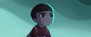 Movie still from “My Father's Dragon” (2022), directed by Nora Twomey – An animated boy is looking at the camera; Close Up shot, Low angle