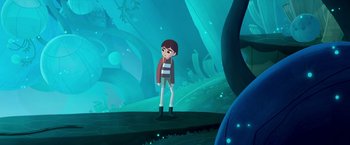 Movie still from “My Father's Dragon” (2022), directed by Nora Twomey – An animated boy standing in a green and blue environment; Wide shot, Over the shoulder angle