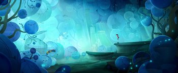 Movie still from “My Father's Dragon” (2022), directed by Nora Twomey – An illustration of a boy standing on top of a hill; Extreme Wide shot, High angle