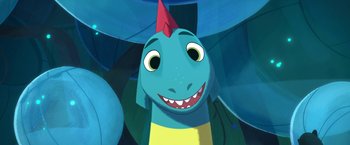 Movie still from “My Father's Dragon” (2022), directed by Nora Twomey – A blue dragon with a red hat on it's head; Close Up shot, Overhead angle