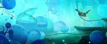 Movie still from “My Father's Dragon” (2022), directed by Nora Twomey – An image of an underwater scene that looks great; Extreme Wide shot, Low angle
