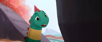 Movie still from “My Father's Dragon” (2022), directed by Nora Twomey – A cartoon of a dragon looking out a window; Medium shot, High angle