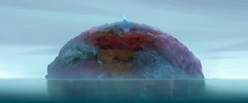 Movie still from “My Father's Dragon” (2022), directed by Nora Twomey – An image of an island in the middle of the ocean; Extreme Wide shot, High angle