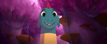 Movie still from “My Father's Dragon” (2022), directed by Nora Twomey – The head and face of a cartoon character; Medium shot, Low angle