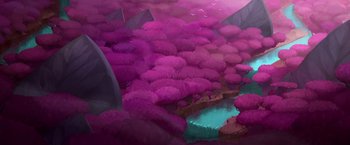 Movie still from “My Father's Dragon” (2022), directed by Nora Twomey – An illustration of a forest of pink trees and a pond; Extreme Wide shot, High angle