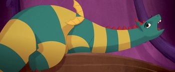Movie still from “My Father's Dragon” (2022), directed by Nora Twomey – View of a dragon's tail; Wide shot, High angle