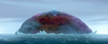 Movie still from “My Father's Dragon” (2022), directed by Nora Twomey – An illustration of a mountain with a light shining on it; Extreme Wide shot, Low angle