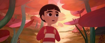 Movie still from “My Father's Dragon” (2022), directed by Nora Twomey – A boy is standing in the woods with a backpack; Medium shot, High angle