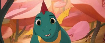 Movie still from “My Father's Dragon” (2022), directed by Nora Twomey – A cartoon dragon's face; Close Up shot, High angle