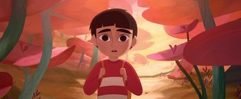 Movie still from “My Father's Dragon” (2022), directed by Nora Twomey – A boy is standing in the woods with a backpack; Medium shot, High angle