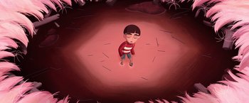 Movie still from “My Father's Dragon” (2022), directed by Nora Twomey – An animated person is standing in the middle of a field; Wide shot, High angle