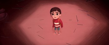 Movie still from “My Father's Dragon” (2022), directed by Nora Twomey – An animated boy is standing in the middle of the floor; Wide shot, Overhead angle