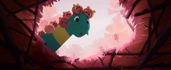 Movie still from “My Father's Dragon” (2022), directed by Nora Twomey – A group of small animals sitting on top of a snake; Wide shot, High angle