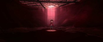 Movie still from “My Father's Dragon” (2022), directed by Nora Twomey – A boy is standing in the middle of a cave; Extreme Wide shot, High angle