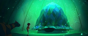 Movie still from “My Father's Dragon” (2022), directed by Nora Twomey – A boy is looking at a large green tent; Extreme Wide shot, Low angle