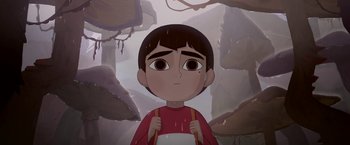 Movie still from “My Father's Dragon” (2022), directed by Nora Twomey – A cartoon of a boy with a red shirt; Close Up shot, High angle