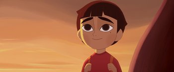 Movie still from “My Father's Dragon” (2022), directed by Nora Twomey – A cartoon of a boy with a red shirt and a red hat; Close Up shot, Low angle