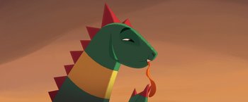 Movie still from “My Father's Dragon” (2022), directed by Nora Twomey – An illustration of a green dragon eating a carrot; Extreme Close Up shot, High angle