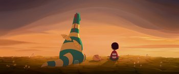 Movie still from “My Father's Dragon” (2022), directed by Nora Twomey – A boy sitting on the ground next to a dinosaur; Extreme Wide shot, Low angle