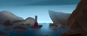 Movie still from “My Father's Dragon” (2022), directed by Nora Twomey – An animal sitting on top of a boat in the water; Extreme Wide shot, High angle