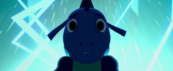 Movie still from “My Father's Dragon” (2022), directed by Nora Twomey – The face of a cartoon character; Close Up shot, Overhead angle