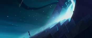 Movie still from “My Father's Dragon” (2022), directed by Nora Twomey – An illustration of a person standing on a hill; Extreme Wide shot, High angle