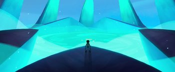 Movie still from “My Father's Dragon” (2022), directed by Nora Twomey – A person standing in front of an underwater scene; Extreme Wide shot, High angle