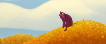 Movie still from “My Father's Dragon” (2022), directed by Nora Twomey – An animal is sitting on a pile of gold coins; Wide shot, Low angle