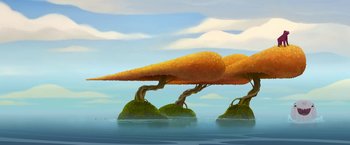 Movie still from “My Father's Dragon” (2022), directed by Nora Twomey – A group of trees sitting in the middle of the ocean; Extreme Wide shot, Low angle