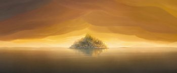 Movie still from “My Father's Dragon” (2022), directed by Nora Twomey – An island in the middle of a body of water; Extreme Wide shot, Low angle
