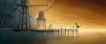 Movie still from “My Father's Dragon” (2022), directed by Nora Twomey – An illustration of a man walking on a pier; Extreme Wide shot, Low angle