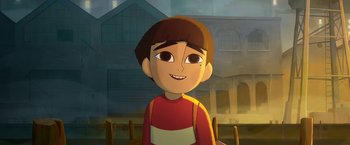 Movie still from “My Father's Dragon” (2022), directed by Nora Twomey – A cartoon picture of a young boy smiling for the camera; Medium shot, High angle