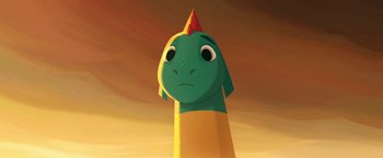 Movie still from “My Father's Dragon” (2022), directed by Nora Twomey – A green and yellow balloon with a red top hat; Close Up shot, Low angle