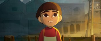 Movie still from “My Father's Dragon” (2022), directed by Nora Twomey – A cartoon picture of a boy in a red shirt; Close Up shot, Low angle