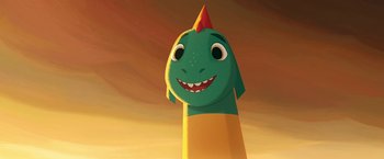 Movie still from “My Father's Dragon” (2022), directed by Nora Twomey – The head of a green dinosaur; Close Up shot, Low angle