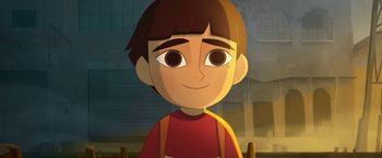 Movie still from “My Father's Dragon” (2022), directed by Nora Twomey – A cartoon of a young boy with brown hair and wearing a red shirt; Close Up shot, Low angle