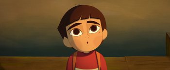 Movie still from “My Father's Dragon” (2022), directed by Nora Twomey – An animated boy with a surprised look on his face; Close Up shot, Low angle