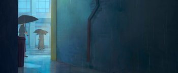 Movie still from “My Father's Dragon” (2022), directed by Nora Twomey – A painting of a blue wall and a red stair railing; Extreme Wide shot, Low angle