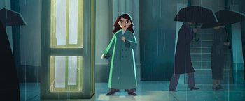 Movie still from “My Father's Dragon” (2022), directed by Nora Twomey – A woman standing in the rain wearing a raincoat; Wide shot, Over the shoulder angle