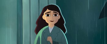 Movie still from “My Father's Dragon” (2022), directed by Nora Twomey – An animated picture of a woman with long hair; Close Up shot, Over the shoulder angle