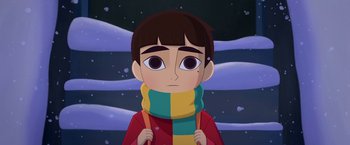 Movie still from “My Father's Dragon” (2022), directed by Nora Twomey – A boy wearing a scarf and a red jacket; Close Up shot, High angle