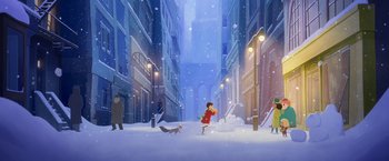 Movie still from “My Father's Dragon” (2022), directed by Nora Twomey – A snowy street with buildings and a person walking a dog; Extreme Wide shot, Low angle