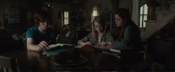 Movie still from “The Glass Castle” (2017), directed by Destin Daniel Cretton – Two young girls sitting at a table reading books; Medium shot, Over the shoulder angle