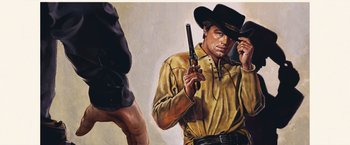 Movie still from “Once Upon a Time in Hollywood” (2019), directed by Quentin Tarantino – A painting of a man holding a gun and wearing a cowboy hat; Medium shot, Low angle