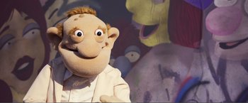 Movie still from “The Happytime Murders” (2018), directed by Brian Henson – The face of a puppet; Close Up shot, Low angle