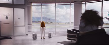 Movie still from “The Happytime Murders” (2018), directed by Brian Henson – A woman standing in front of a large window with suitcases; Wide shot, High angle