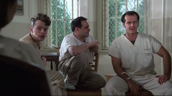 Movie still from “One Flew Over the Cuckoo's Nest” (1975), directed by Milos Forman – A group of men sitting around a table; Medium shot, Over the shoulder angle
