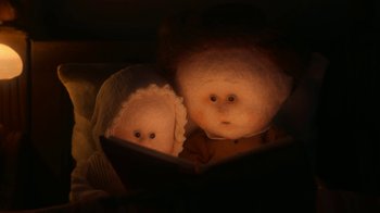 Movie still from “The House” (2022), directed by Paloma Baeza – A couple of stuffed animals sitting next to each other; Close Up shot, Low angle